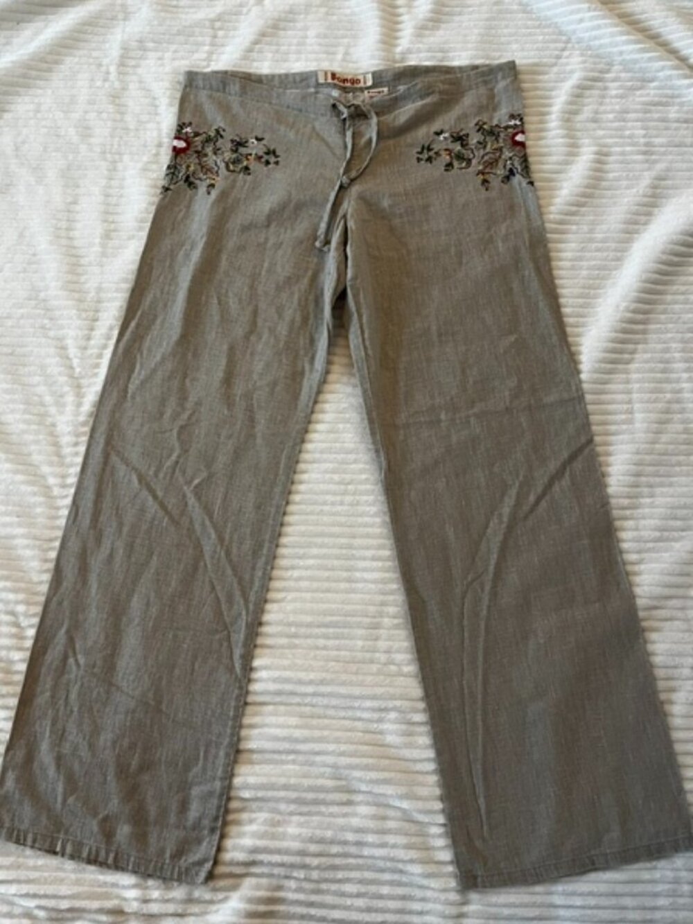 NWOT Vintage Y2K Bongo Embroidered Linen Blend Pants - Boho Drawstring Wide Leg